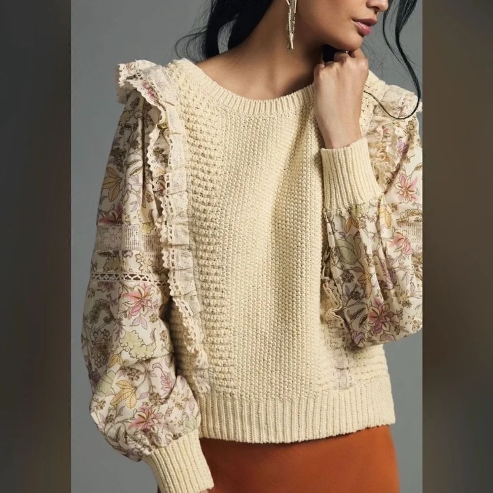 Anthropologie Printed Sleeve Ruffle Sweater Top Long Sleeve Women's Small